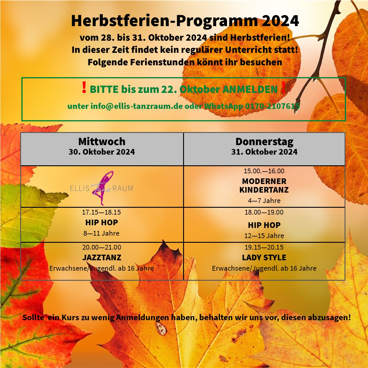 Herbstferien Stundenplan 2024